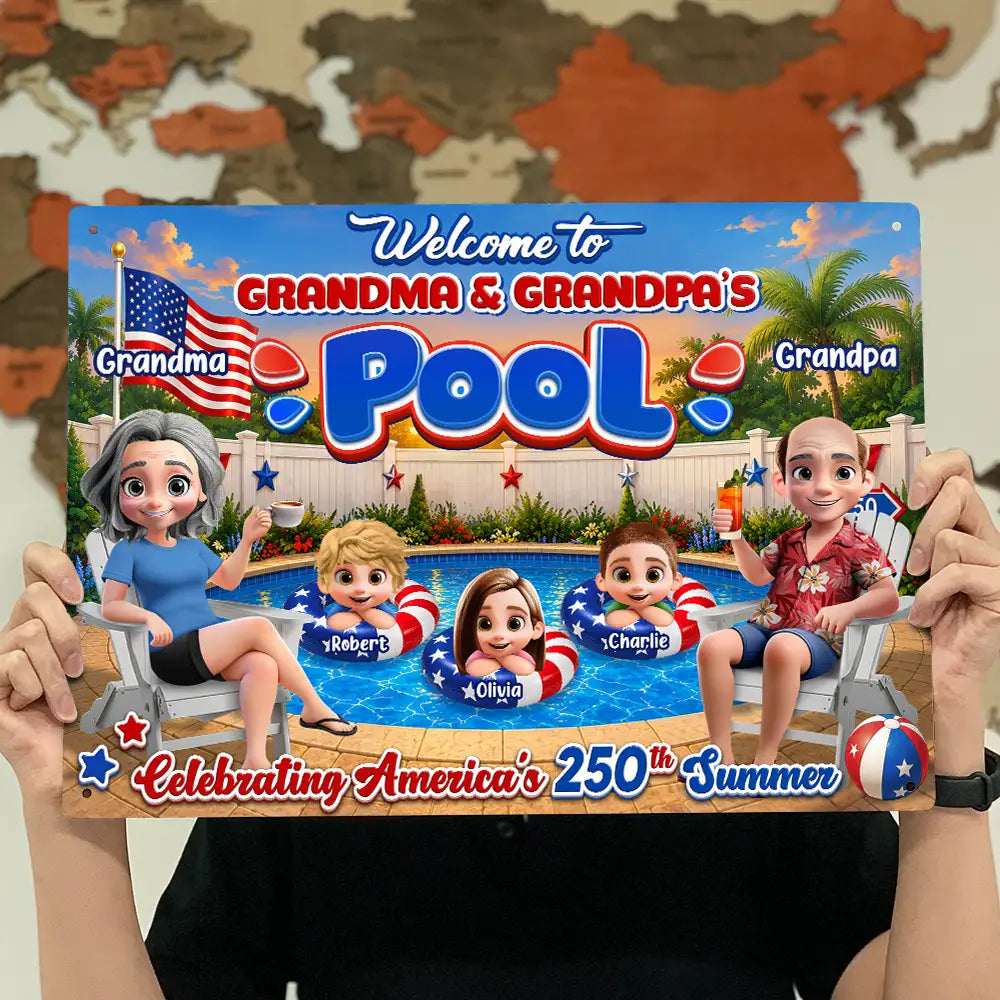 America 250th, Independence Day, Grandparents, Top Market, Playful, Vector - Welcome To Grandma Grandpa Pool 250th Anniversary - Personalized Classic Metal Signs