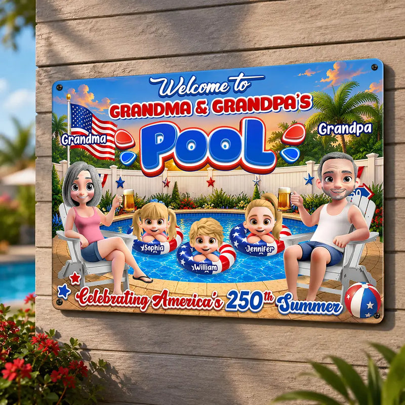 America 250th, Independence Day, Grandparents, Top Market, Playful, Vector - Welcome To Grandma Grandpa Pool 250th Anniversary - Personalized Classic Metal Signs