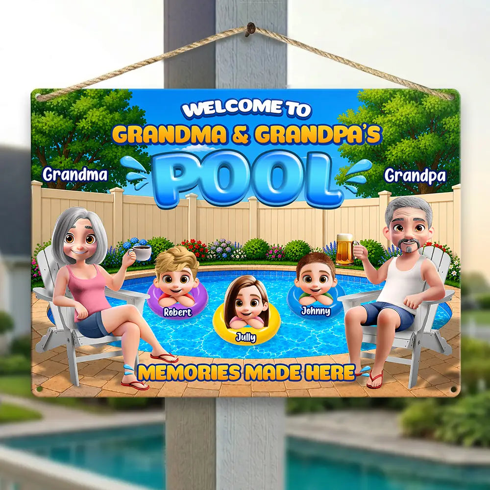 Poolside,Outdoor Decor,Summer,Grandparents,Top Market,Adorable,Vector - Welcome To Grandparents Pool Summer - Personalized Classic Metal Signs