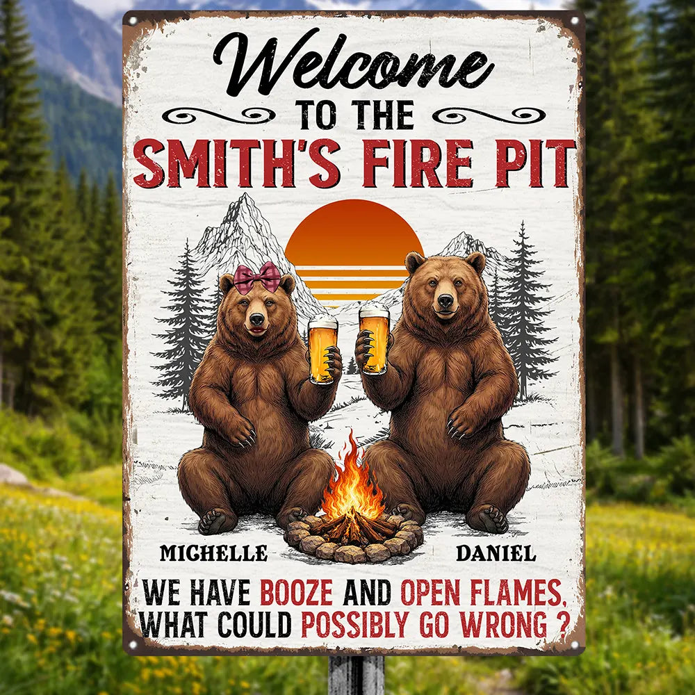 Old Couples,Gift For Husband,Gift For Wife,Gift For Boyfriend,Gift For Girlfriend,Camping,Campsite,Happy - Welcome To Our Fire Pit - Personalized Classic Metal Signs