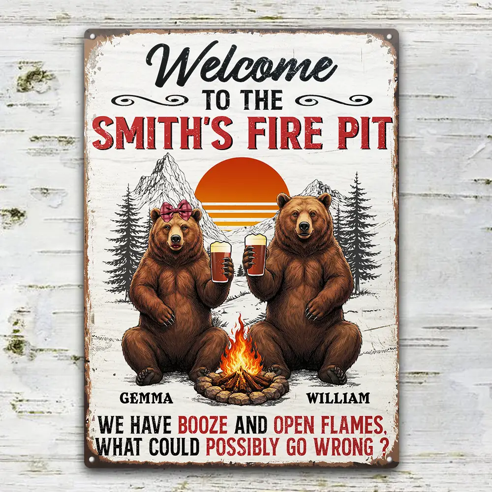 Old Couples,Gift For Husband,Gift For Wife,Gift For Boyfriend,Gift For Girlfriend,Camping,Campsite,Happy - Welcome To Our Fire Pit - Personalized Classic Metal Signs