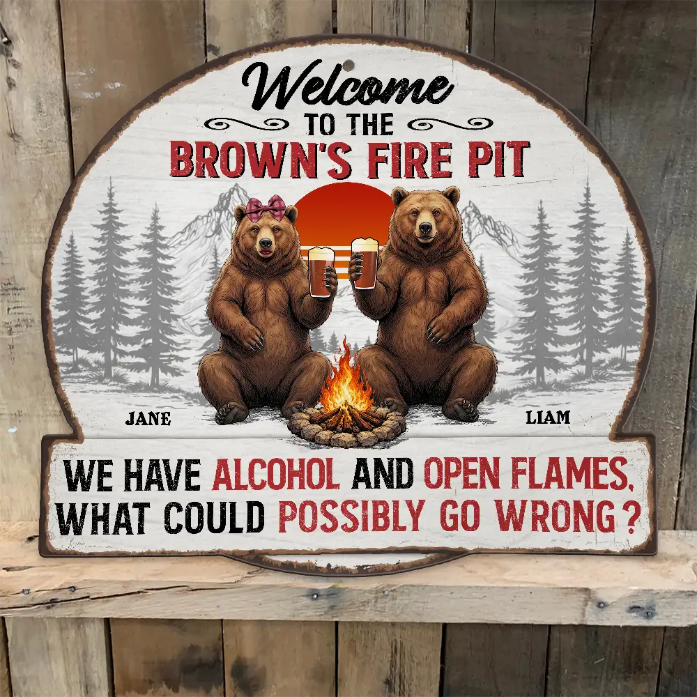 Old Couples,Gift For Husband,Gift For Wife,Gift For Boyfriend,Gift For Girlfriend,Camping,Campsite,Happy - Welcome To Our Fire Pit Bear Couple - Personalized Custom Shaped Metal Sign