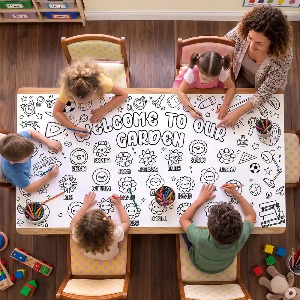 Teacher,Inspirational,Back To School,Icon,Custom Text - Welcome To Our Garden Back To School - Personalized Coloring Tablecloth