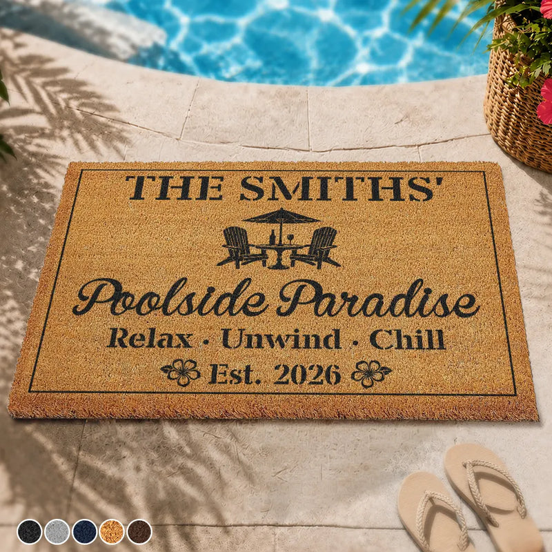 Poolside,Outdoor Decor,Summer,Top Market,Family,Cozy,Custom Text - Welcome To Our Poolside Paradise - Personalized Coconut Doormat