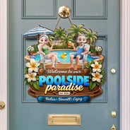 Poolside, Outdoor Decor, Summer, Gift For Couples, Top Market, Romantic, Vector - Welcome To Our Poolside Paradise - Personalized Custom Shaped Wood Sign