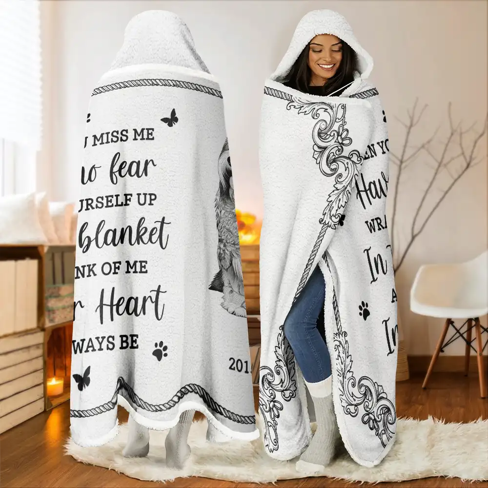 Christmas, Sad, Gift For Women, Gift For Men, Pet Lovers, Pet Mom, Pet Dad - When You Miss Me Memorial Dog Toile - Personalized Wearable Hooded Blanket
