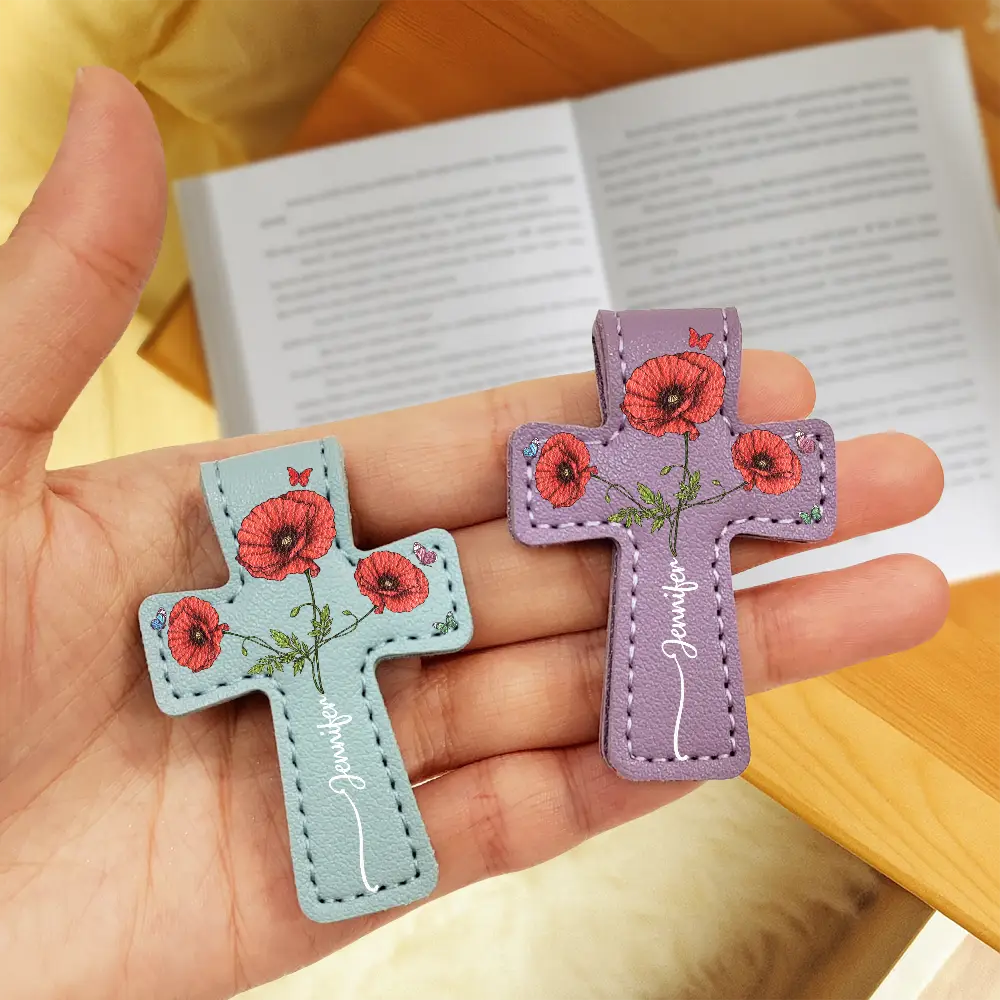 Reading, Christian, Gift For Yourself - Where Flowers Meet Faith Birth Month Flower With Name - Personalized Cross Leather Magnetic Bookmark