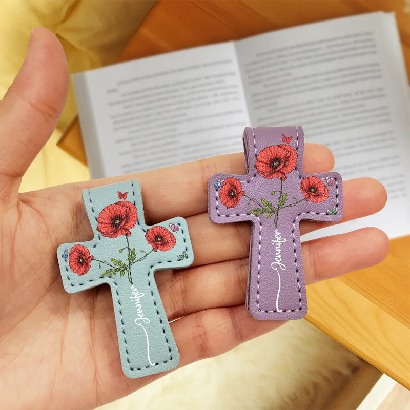Reading, Christian, Gift For Yourself - Where Flowers Meet Faith Birth Month Flower With Name - Personalized Cross Leather Magnetic Bookmark