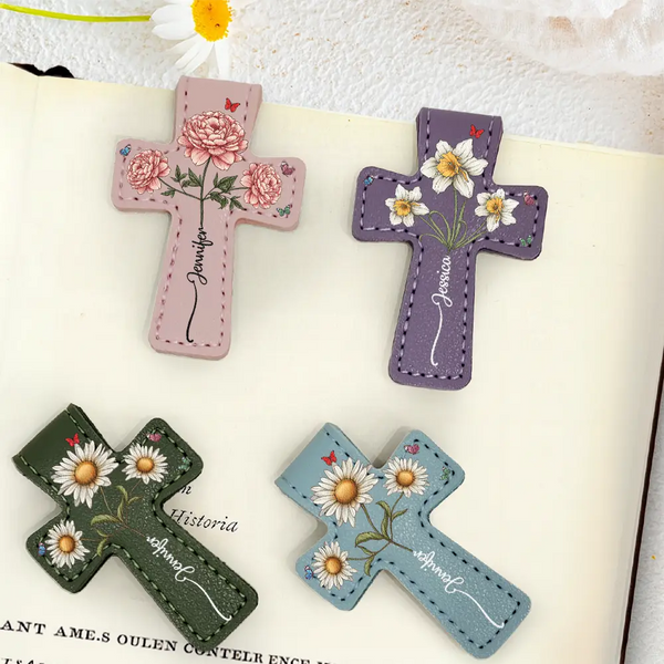 Reading, Christian, Gift For Yourself - Where Flowers Meet Faith Birth Month Flower With Name - Personalized Cross Leather Magnetic Bookmark