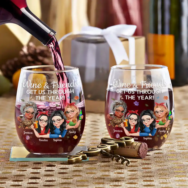 Gift For Bestie,Gifts For Colleagues,Gift For Sisters,Funny - Wine And Friends Get Us Through The Year - Personalized Stemless Wine Glass