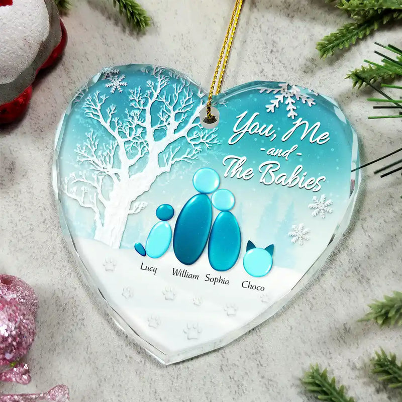 Pet Lovers, Pet Couple, Dog Lovers, Dog Couple, Cat Lovers, Cat Couple, Christmas, Love - Winter You Me And The Dog Cat - Personalized Heart Shaped Glass Ornament