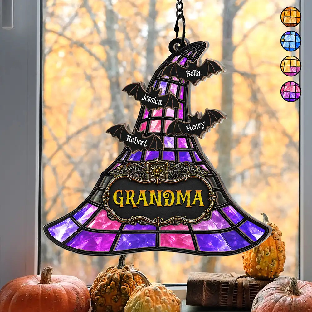 Witch Hat Grandma & Grandkids - Personalized Window Hanging Suncatcher Ornament