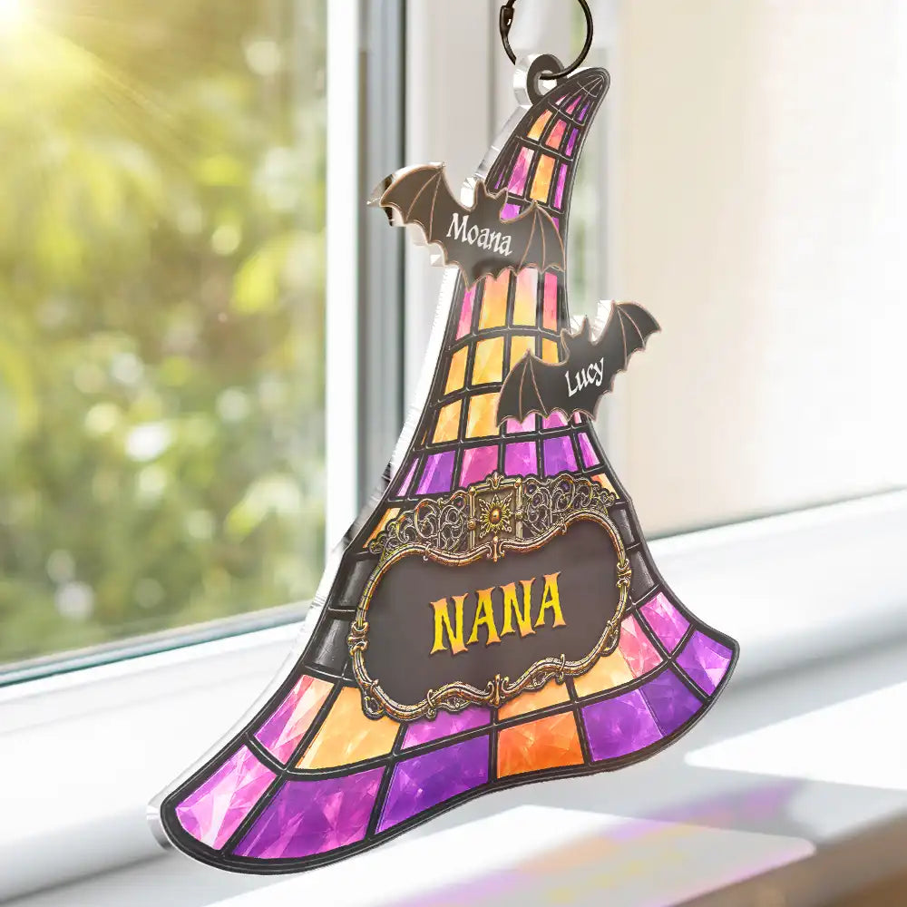 Gift For Grandchildren,Sentimental,Gift For Grandkids,Gift For Grandma,Halloween,Grandma - Grandkids,Icon - Witch Hat Grandma & Grandkids - Personalized Window Hanging Suncatcher Ornament