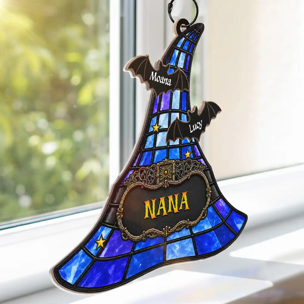 Gift For Grandchildren,Sentimental,Gift For Grandkids,Gift For Grandma,Halloween,Grandma - Grandkids,Icon - Witch Hat Grandma & Grandkids - Personalized Window Hanging Suncatcher Ornament