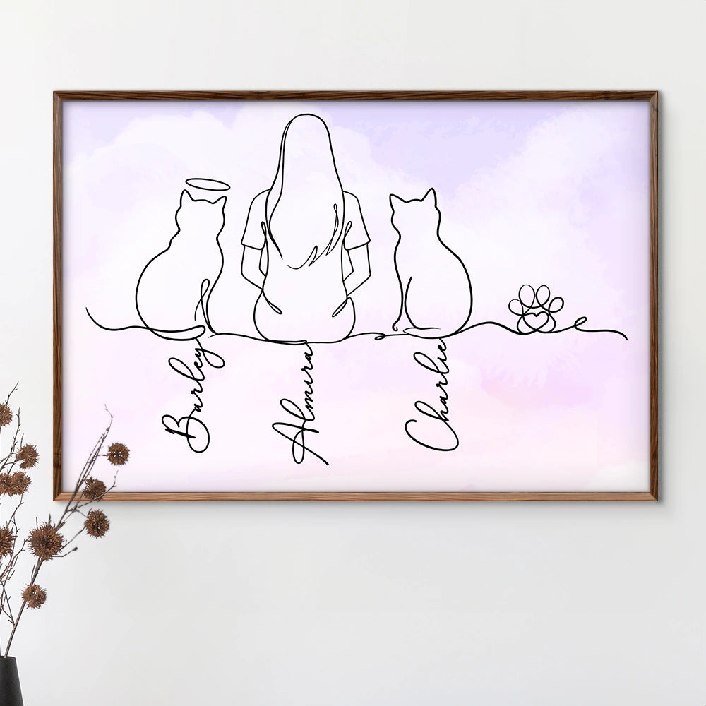 Cat Lovers, Cat Mom, Cat Dad, Pet Lovers, Pet Mom, Pet Dad, Happy - Woman Man Sitting With Cats Line Art - Personalized Poster
