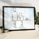 Cat Lovers, Cat Mom, Cat Dad, Pet Lovers, Pet Mom, Pet Dad, Happy - Woman Man Sitting With Cats Line Art - Personalized Poster