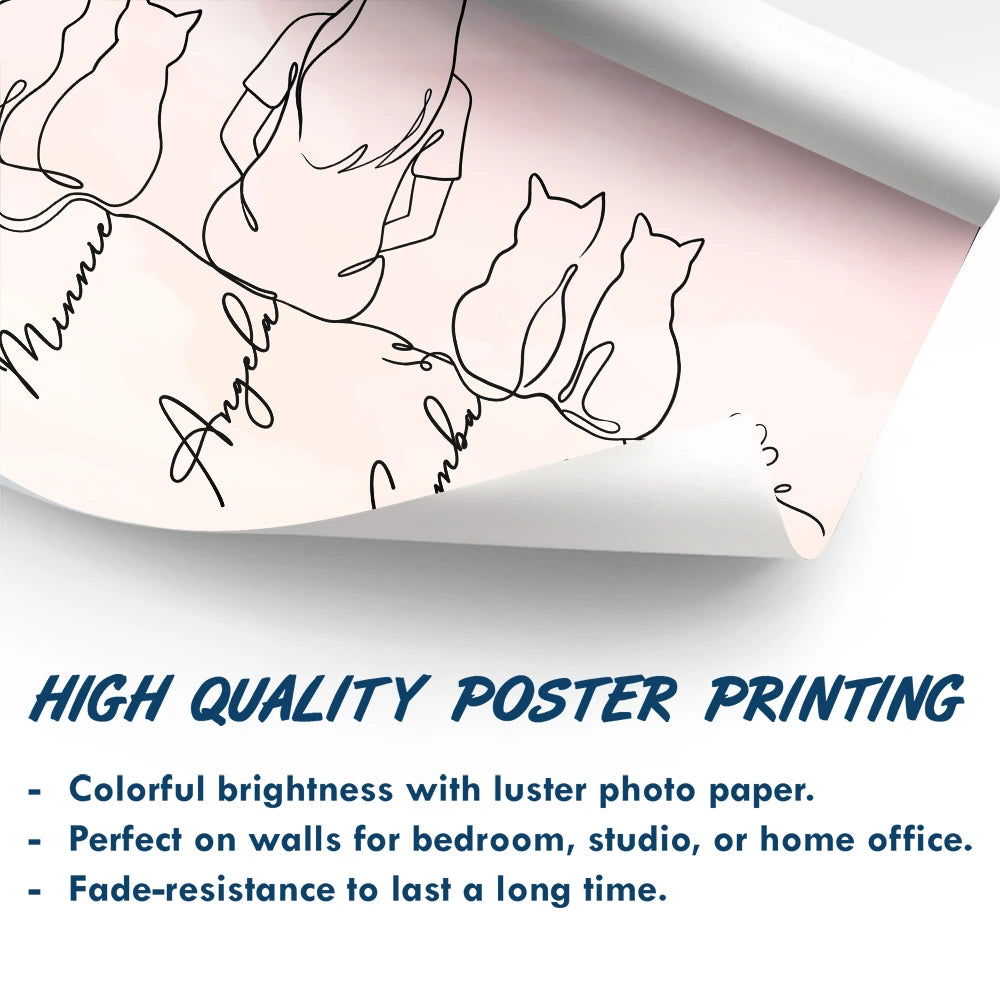 Cat Lovers, Cat Mom, Cat Dad, Pet Lovers, Pet Mom, Pet Dad, Happy - Woman Man Sitting With Cats Line Art - Personalized Poster