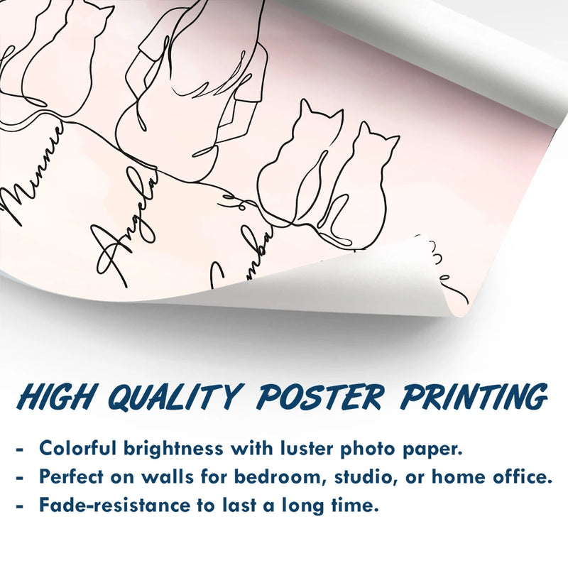 Cat Lovers, Cat Mom, Cat Dad, Pet Lovers, Pet Mom, Pet Dad, Happy - Woman Man Sitting With Cats Line Art - Personalized Poster