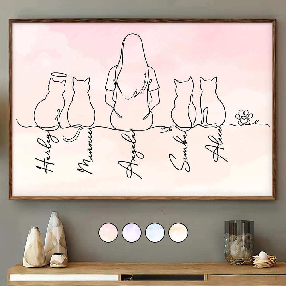 Woman Man Sitting With Cats Line Art - Personalized Poster