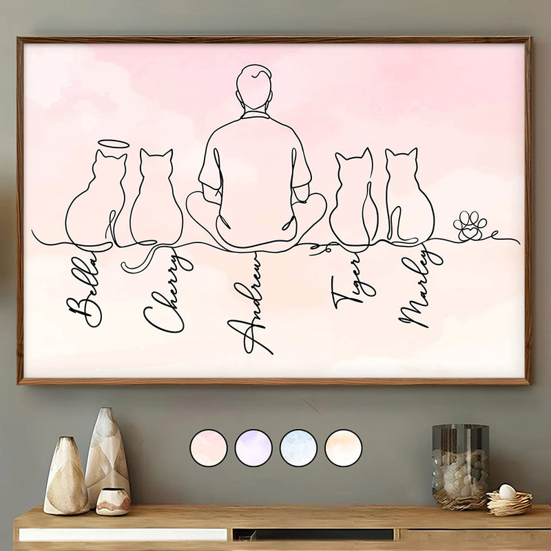 Cat Lovers, Cat Mom, Cat Dad, Pet Lovers, Pet Mom, Pet Dad, Happy - Woman Man Sitting With Cats Line Art - Personalized Poster