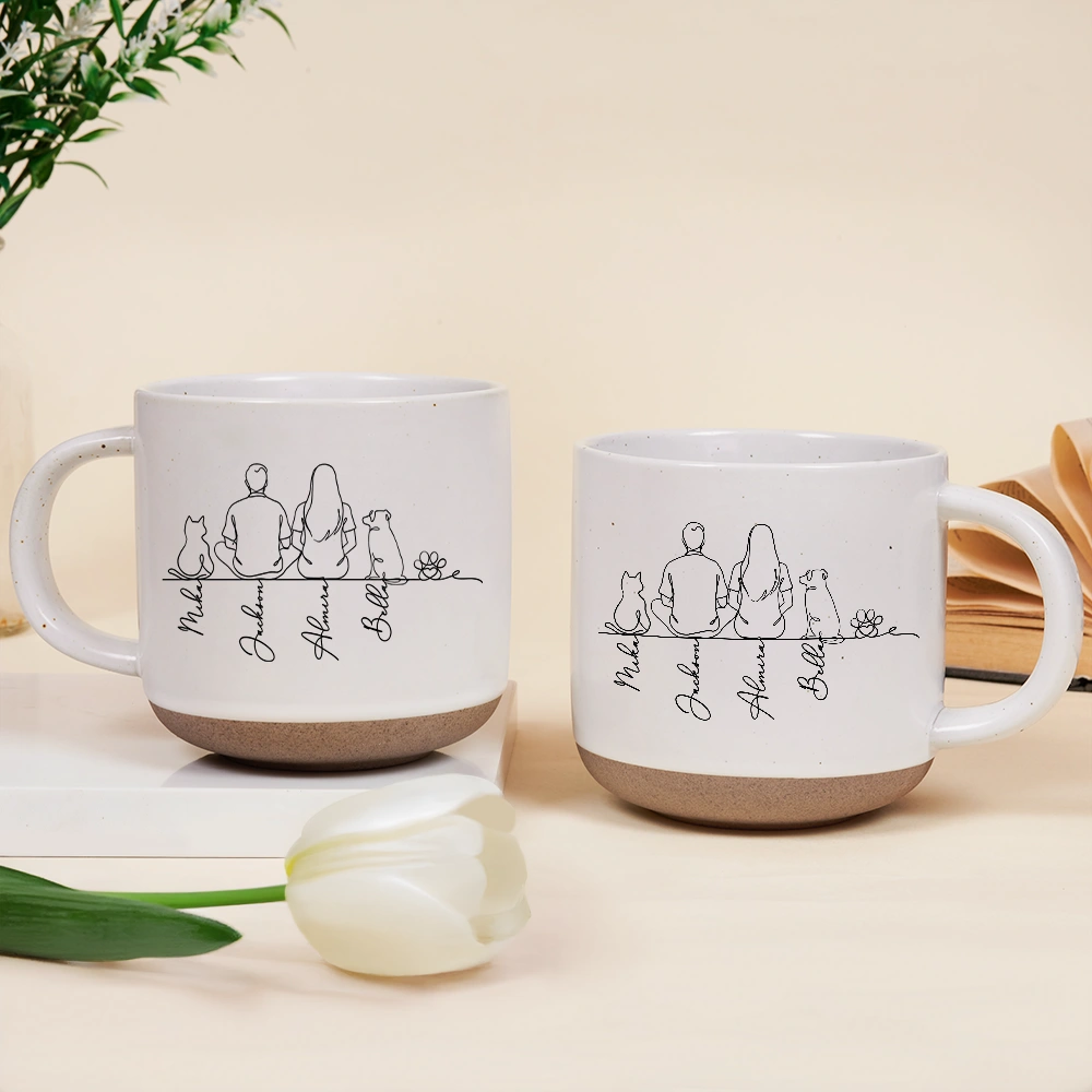 Pet Lovers,Pet Mom,Pet Dad,Pet Couple,Dog Lovers,Dog Mom,Dog Dad,Dog Couple,Cat Lovers,Cat Mom,Cat Dad,Cat Couple,Happy - Woman Man Sitting With Dogs Cats Line Art - Personalized Pottery Mug