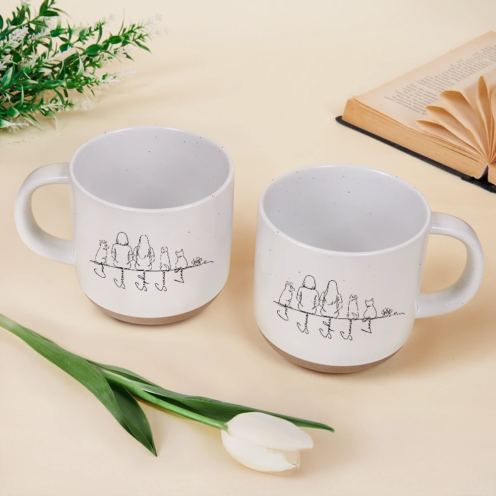 Pet Lovers,Pet Mom,Pet Dad,Pet Couple,Dog Lovers,Dog Mom,Dog Dad,Dog Couple,Cat Lovers,Cat Mom,Cat Dad,Cat Couple,Happy - Woman Man Sitting With Dogs Cats Line Art - Personalized Pottery Mug
