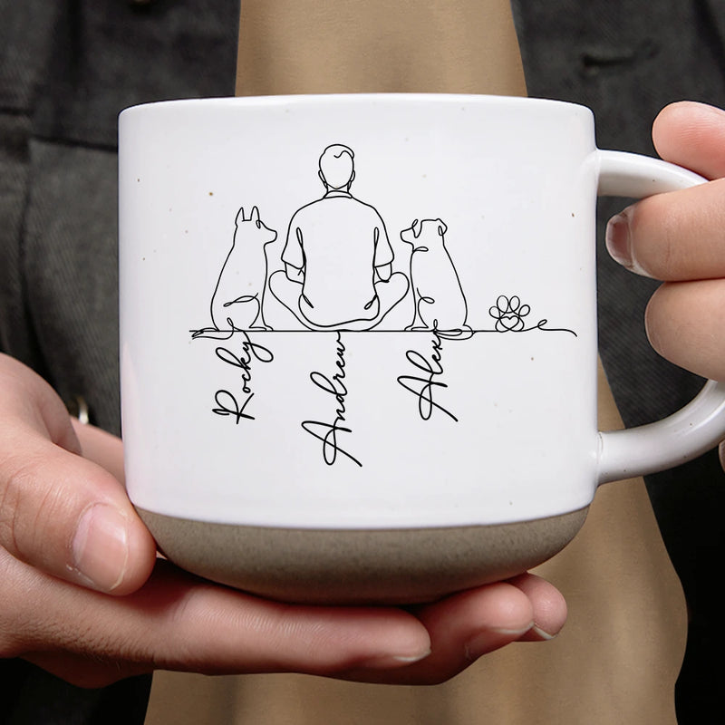 Pet Lovers,Pet Mom,Pet Dad,Pet Couple,Dog Lovers,Dog Mom,Dog Dad,Dog Couple,Cat Lovers,Cat Mom,Cat Dad,Cat Couple,Happy - Woman Man Sitting With Dogs Cats Line Art - Personalized Pottery Mug