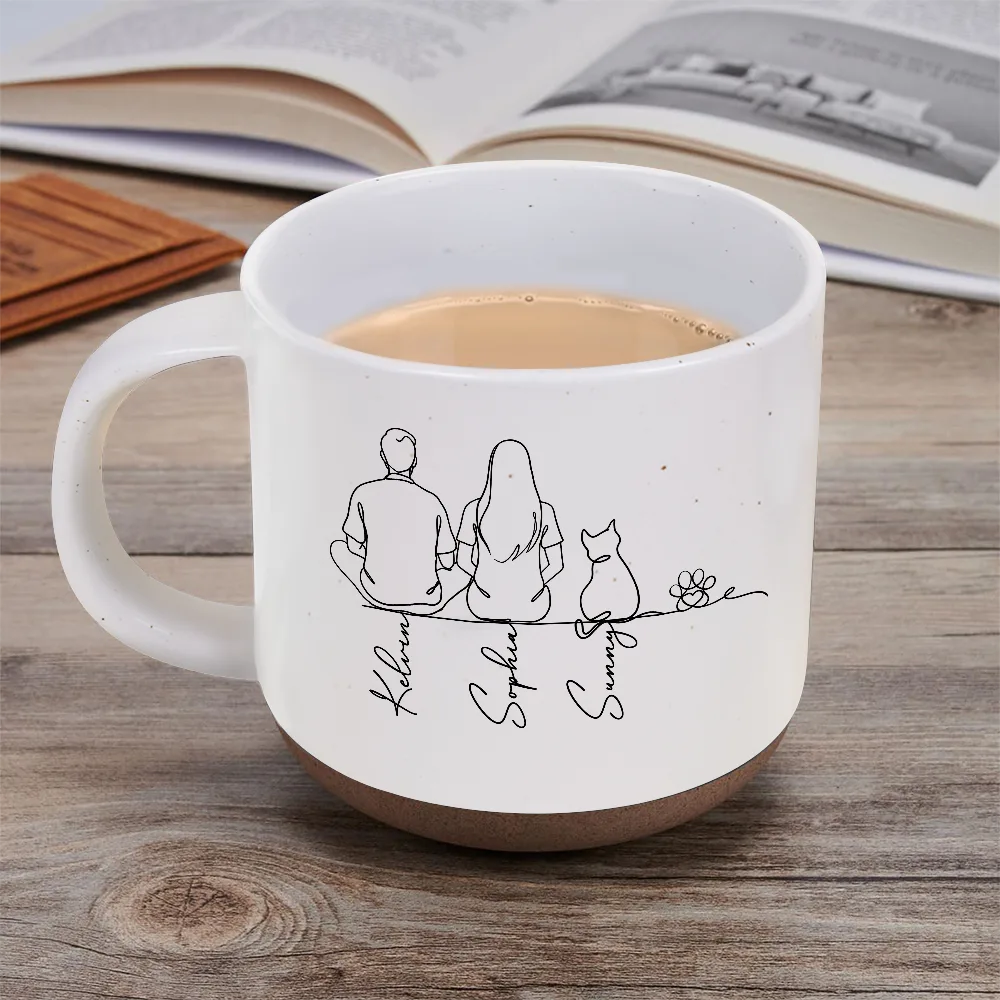 Pet Lovers,Pet Mom,Pet Dad,Pet Couple,Dog Lovers,Dog Mom,Dog Dad,Dog Couple,Cat Lovers,Cat Mom,Cat Dad,Cat Couple,Happy - Woman Man Sitting With Dogs Cats Line Art - Personalized Pottery Mug