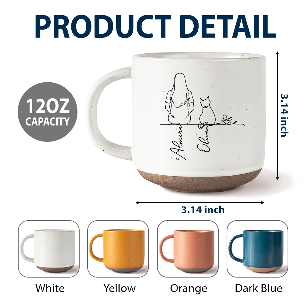 Pet Lovers,Pet Mom,Pet Dad,Pet Couple,Dog Lovers,Dog Mom,Dog Dad,Dog Couple,Cat Lovers,Cat Mom,Cat Dad,Cat Couple,Happy - Woman Man Sitting With Dogs Cats Line Art - Personalized Pottery Mug