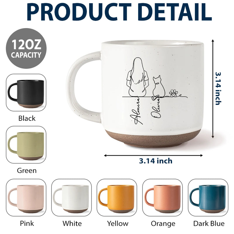 Pet Lovers,Pet Mom,Pet Dad,Pet Couple,Dog Lovers,Dog Mom,Dog Dad,Dog Couple,Cat Lovers,Cat Mom,Cat Dad,Cat Couple,Happy - Woman Man Sitting With Dogs Cats Line Art - Personalized Pottery Mug