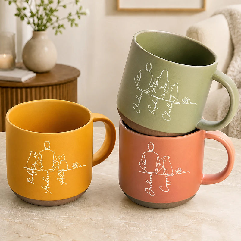 Pet Lovers,Pet Mom,Pet Dad,Pet Couple,Dog Lovers,Dog Mom,Dog Dad,Dog Couple,Cat Lovers,Cat Mom,Cat Dad,Cat Couple,Happy - Woman Man Sitting With Dogs Cats Line Art - Personalized Pottery Mug