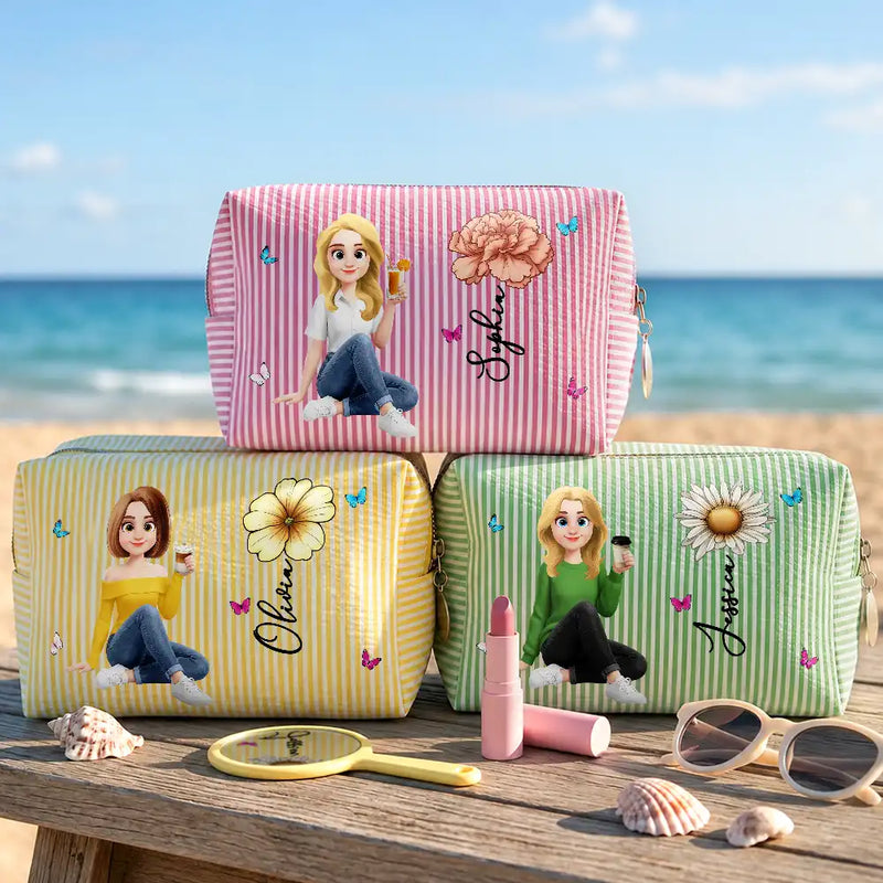 Top Market, Gift For Yourself, Gift For Women, Vector, Happy - Woman Sitting With Birth Month Flower - Personalized Striped Cosmetic Bag