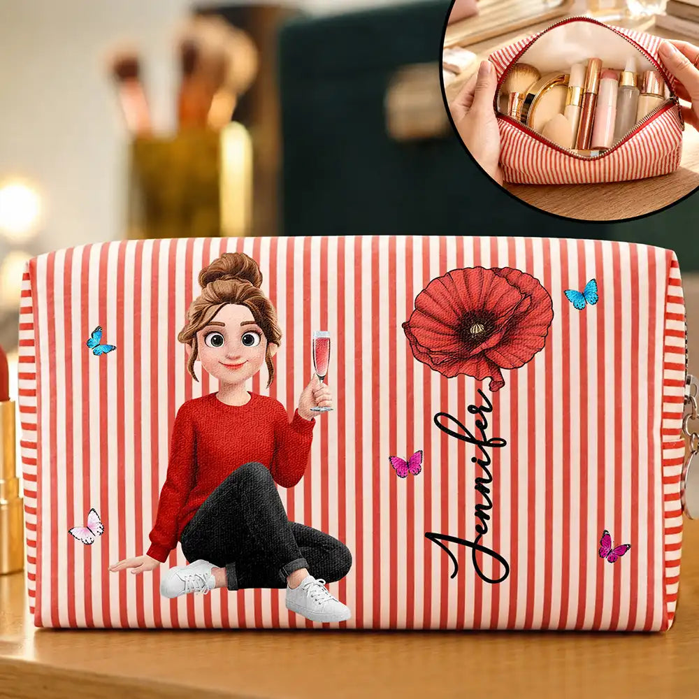 Woman Sitting With Birth Month Flower - Personalized Striped Cosmetic Bag