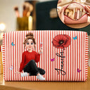 Top Market, Gift For Yourself, Gift For Women, Vector, Happy - Woman Sitting With Birth Month Flower - Personalized Striped Cosmetic Bag