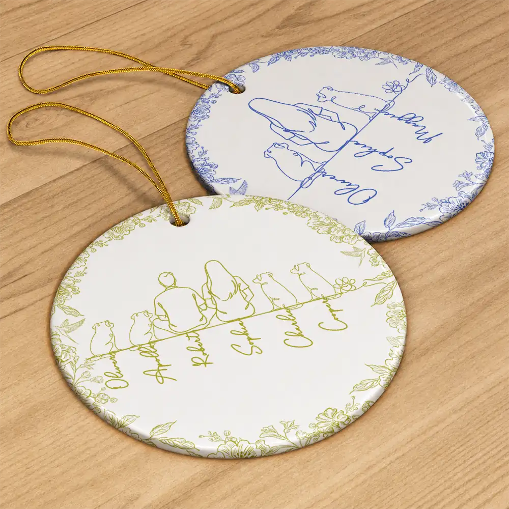 Sentimental,Christmas,Pet Lovers,Memorial,Vector - Woman Sitting With Pets Line Art - Personalized Circle Ceramic Ornament