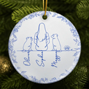 Sentimental,Christmas,Pet Lovers,Memorial,Vector - Woman Sitting With Pets Line Art - Personalized Circle Ceramic Ornament