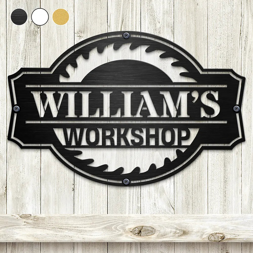 Gift For Men, Gift For Father, Happy, Gift For Grandpa, Dad's Hobby - Woodshop Sign Workshop Cabin Garage - Personalized Cutout Metal Sign