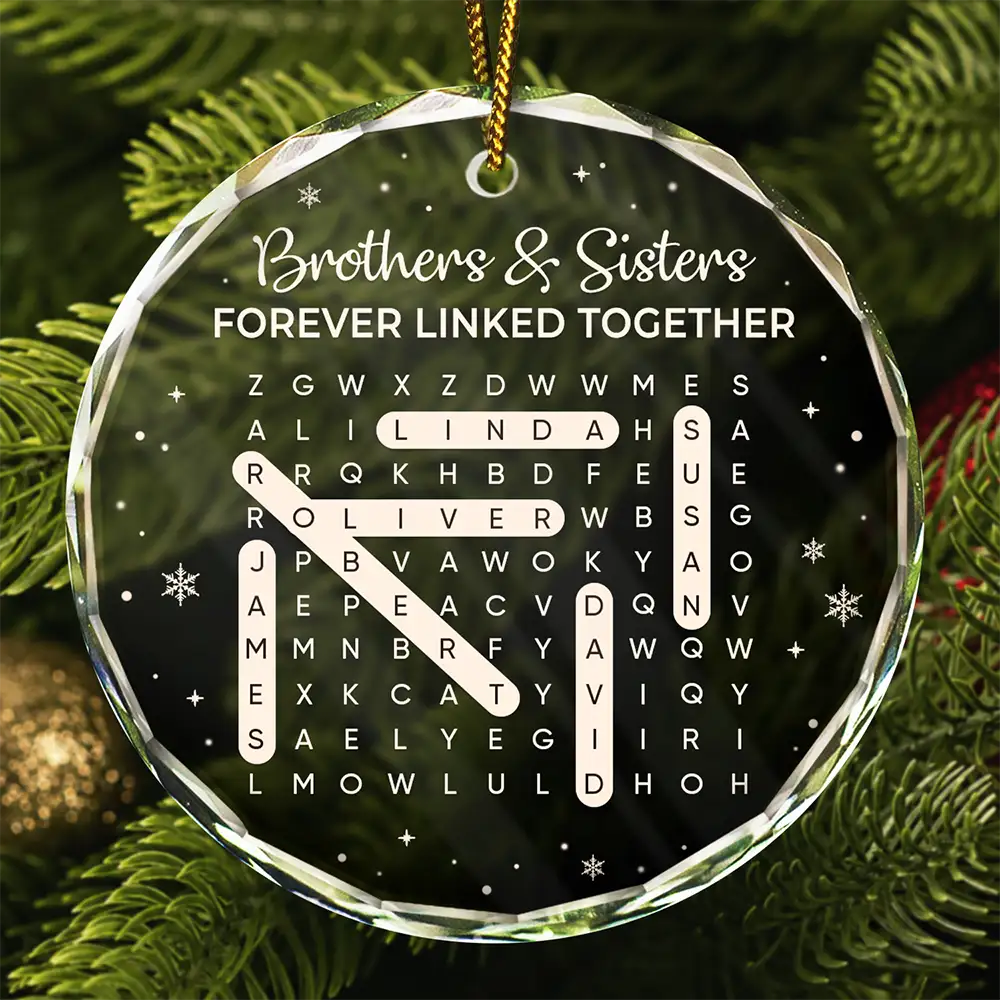 Word Search Puzzle Brothers & Sisters Forever Linked Together - Personalized Circle Glass Ornament