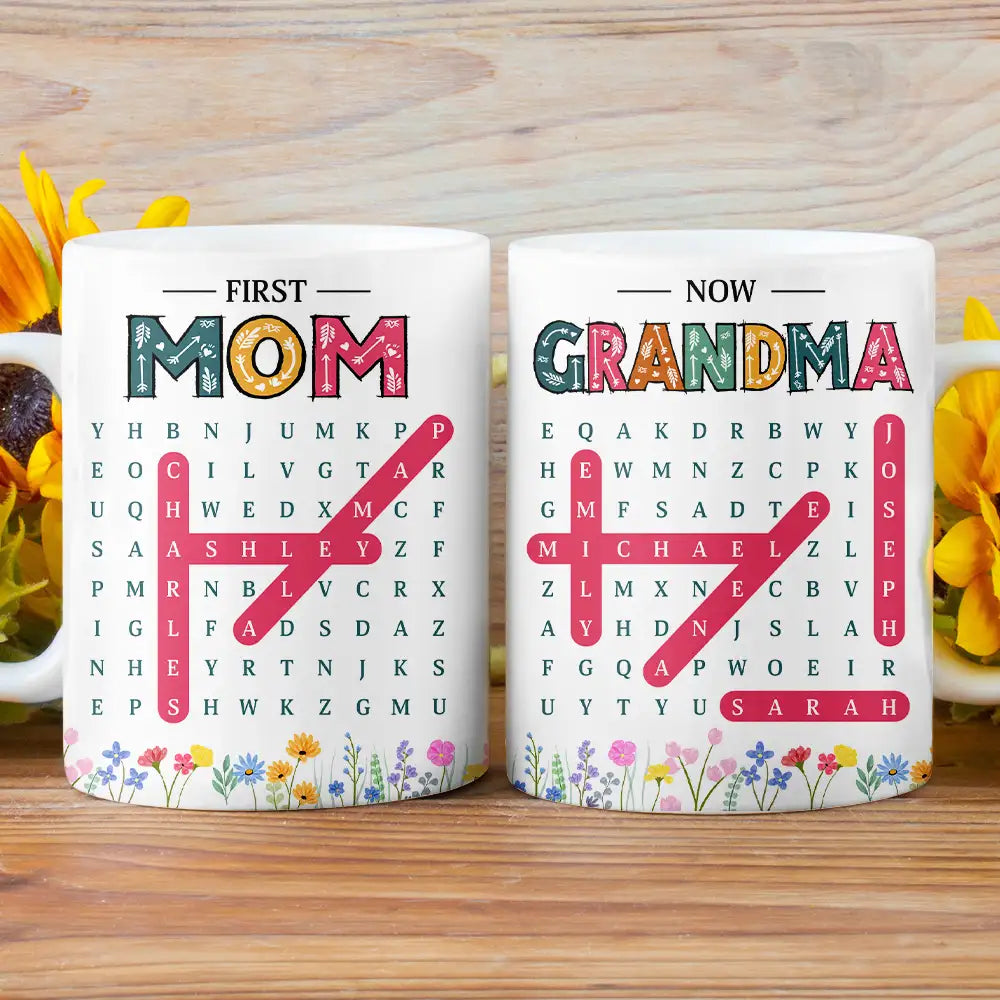Word Search Puzzle First Mom Now Grandma - Personalized White Edge-to-Edge Mug