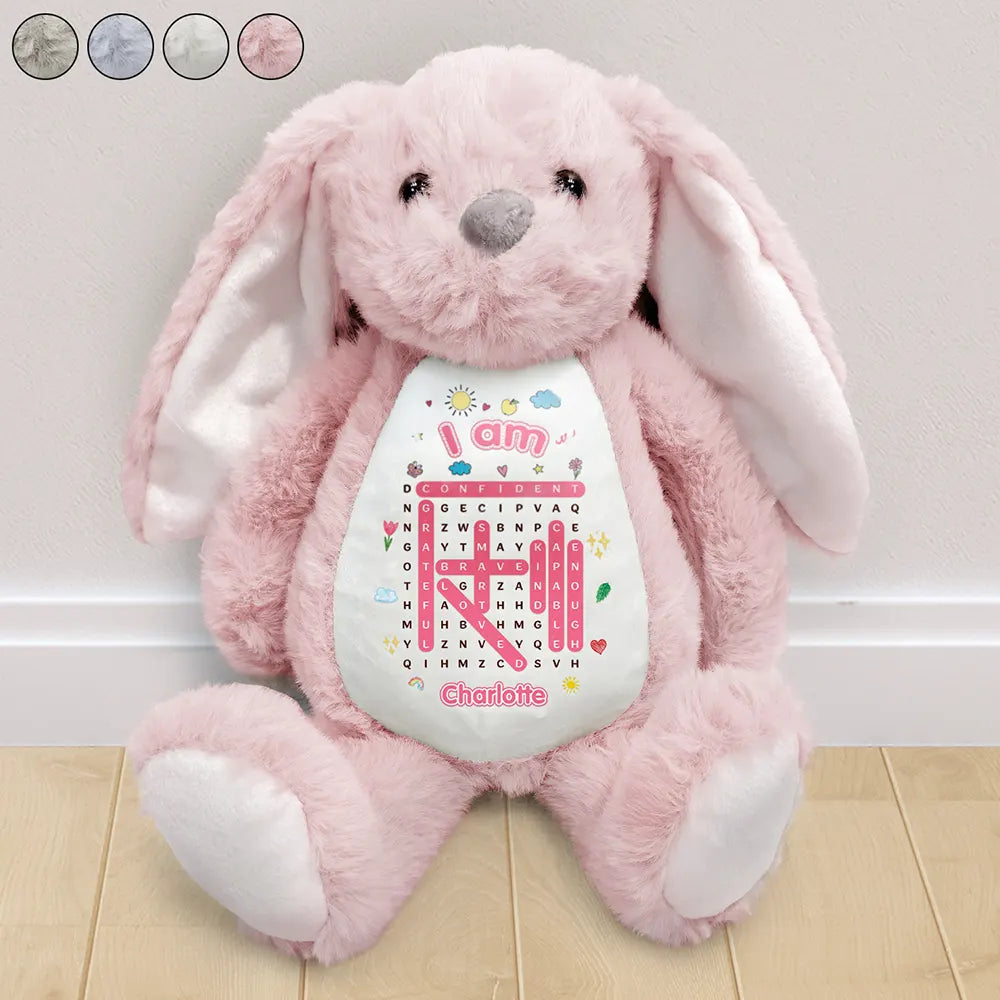 Gift For Daughter,Gift For Son,Gift For Kids,Gift For Grandkids,Gift For Sibling,Happy,New baby,Word Search Puzzle,Vector - Word Search Puzzle I Am Kind Smart Brave - Personalized Soft Toy Bunny