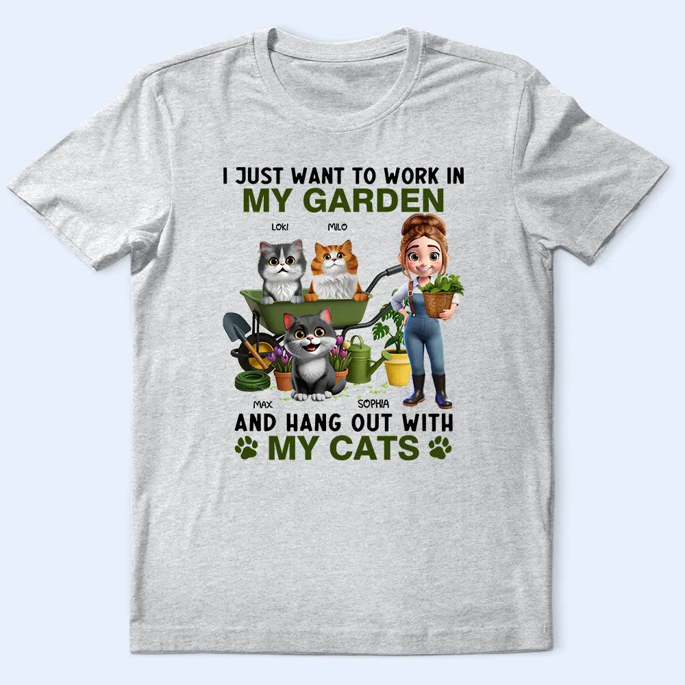 Gardening,Gift For Women,Happy,Pet Lovers,Pet Mom,Cat Lovers,Cat Mom - Work In My Garden And Hang Out With My Cats - Personalized T Shirt