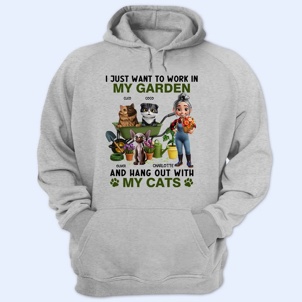 Gardening,Gift For Women,Happy,Pet Lovers,Pet Mom,Cat Lovers,Cat Mom - Work In My Garden And Hang Out With My Cats - Personalized T Shirt