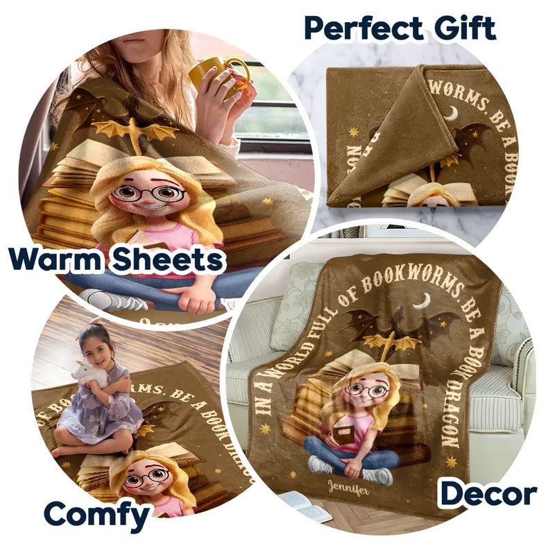 Reading, Happy, Gift For Yourself, Gift For Women - World Full Of Bookworms Be A Book Dragon - Personalized Fleece Blanket, Sherpa Blanket