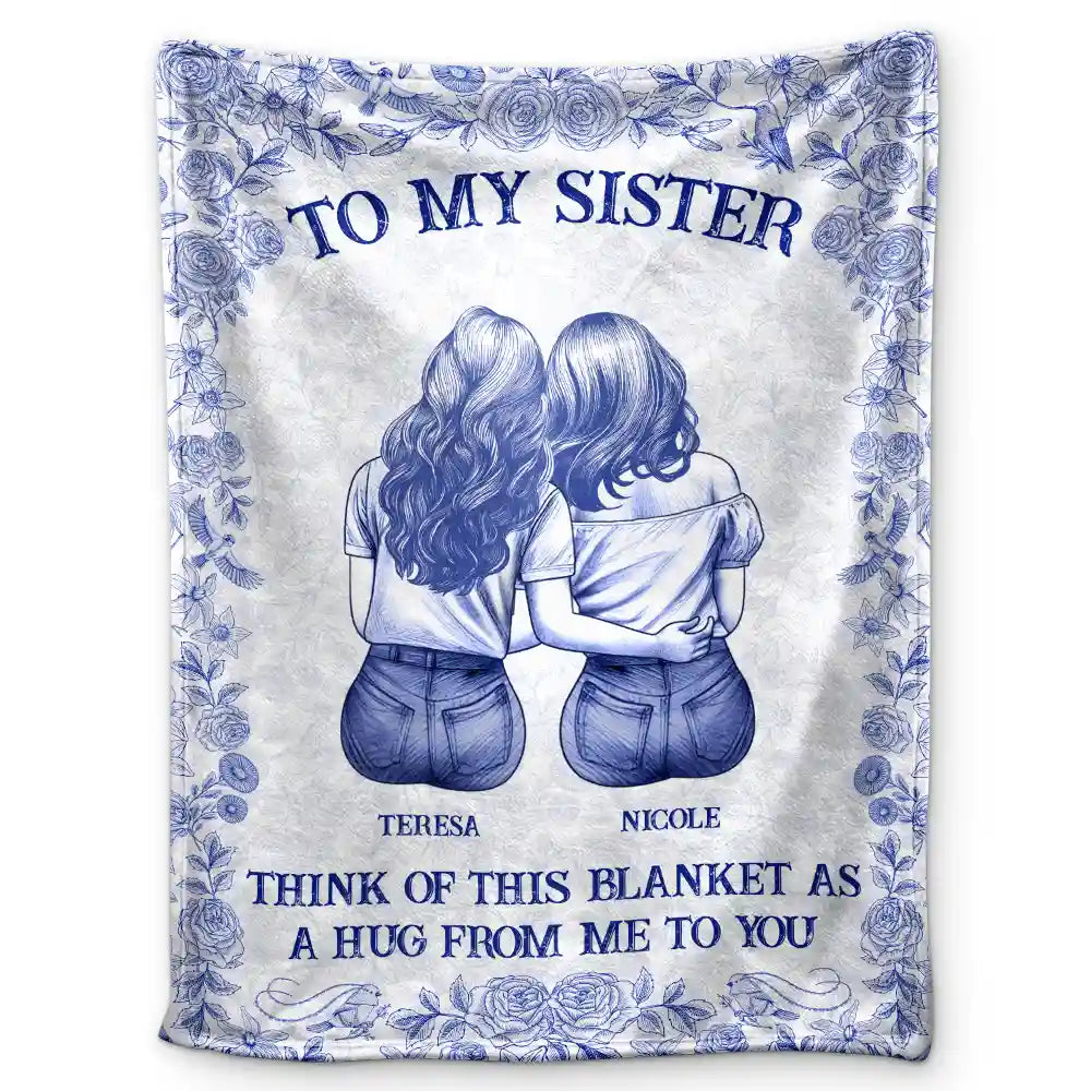 Gift For Bestie,Gift For Sisters,Happy - Wrap Yourself & Think As A Big Hug Toile Pattern Besties Sisters - Personalized Fleece Blanket, Sherpa Blanket