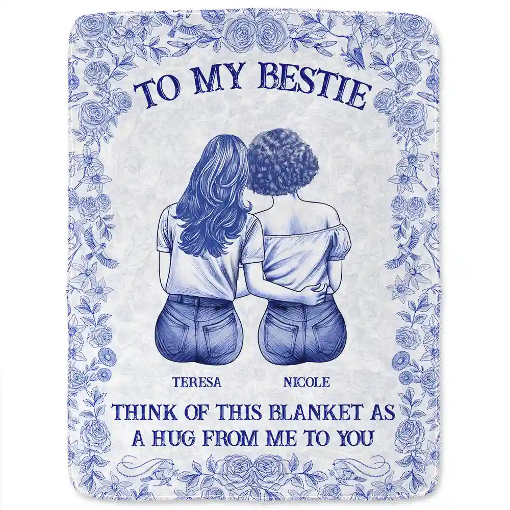 Gift For Bestie,Gift For Sisters,Happy - Wrap Yourself & Think As A Big Hug Toile Pattern Besties Sisters - Personalized Fleece Blanket, Sherpa Blanket
