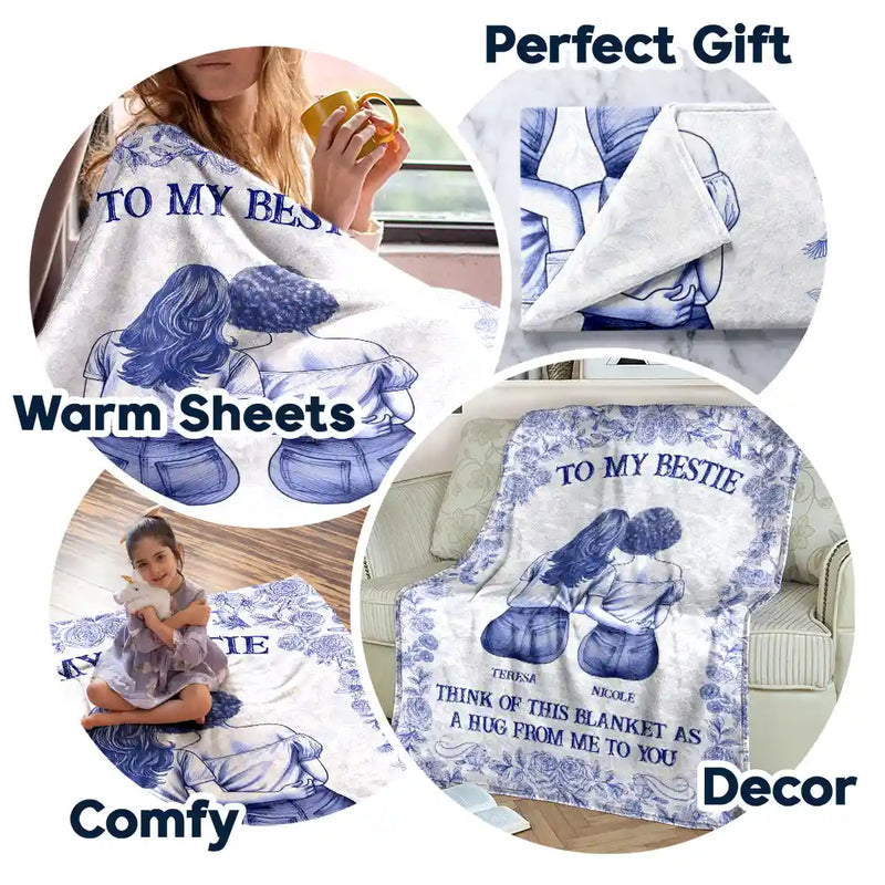 Gift For Bestie,Gift For Sisters,Happy - Wrap Yourself & Think As A Big Hug Toile Pattern Besties Sisters - Personalized Fleece Blanket, Sherpa Blanket