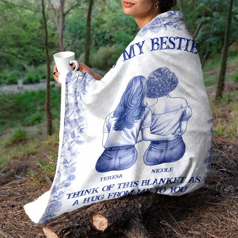Gift For Bestie,Gift For Sisters,Happy - Wrap Yourself & Think As A Big Hug Toile Pattern Besties Sisters - Personalized Fleece Blanket, Sherpa Blanket