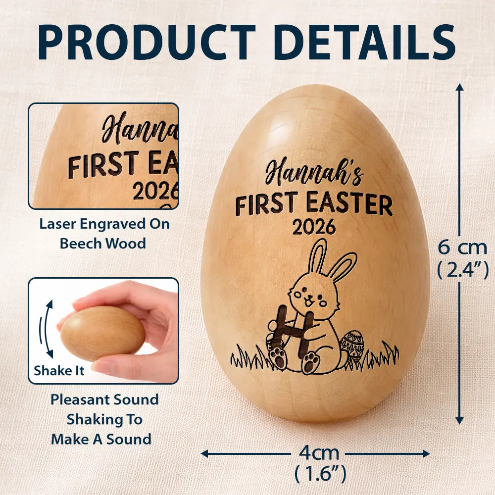 Easter,Gift For Yourself,Gift For Kids,Happy - First Easter With Alphabet - Personalised Musical Wooden Easter Egg Shaker