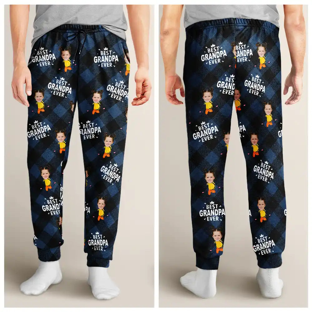 Gift For Grandpa,Gift For Father,Happy,Custom Photo - Custom Photo Best Grandpa Ever Plaid Checkered Pattern - Personalized Pajama Pants