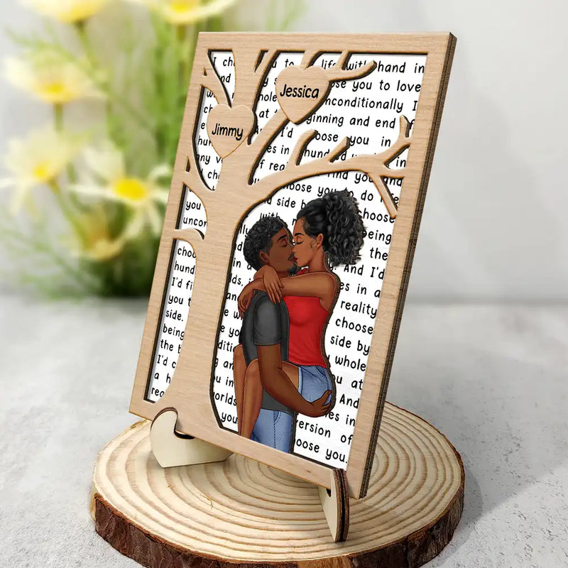 Gift For Couples,Love - Kissing Couple Tree Of Heart I Choose You - Personalized 2-Layered Wooden Plaque With Stand